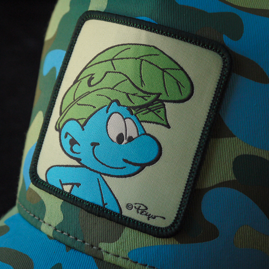 Close-up of a woven patch of Wild Smurf from the Smurfs attached to the crown