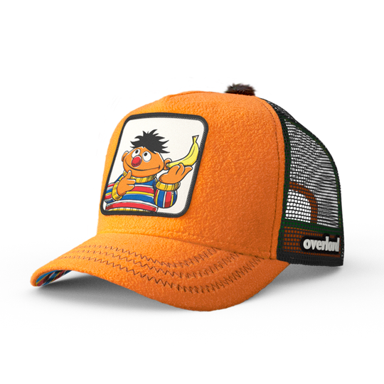 Orange fleece trucker cap hat with Sesame Street Ernie woven patch against a white background