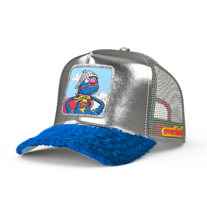 Metallic silver and blue faux fur trucker cap hat featuring Super Grover from Sesame Street on woven patch attached to crown