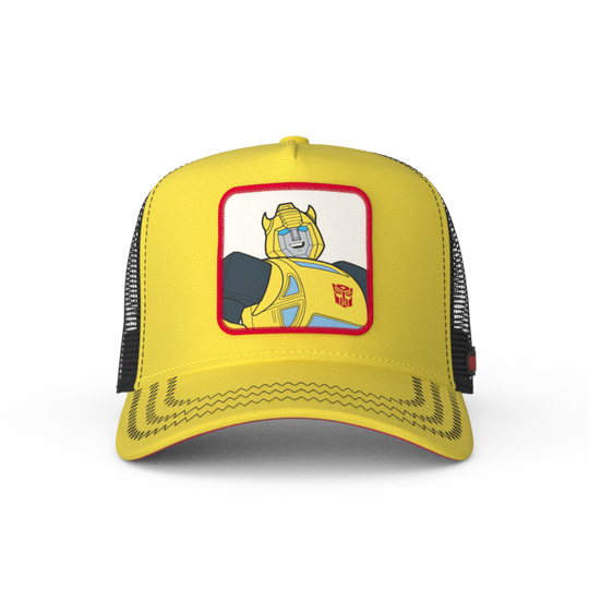 Yellow trucker cap hat featuring Bumblebee from Transformers on woven patch attached to crown