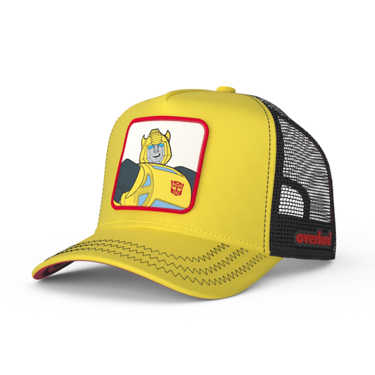 Yellow trucker cap hat featuring Bumblebee from Transformers on woven patch attached to crown