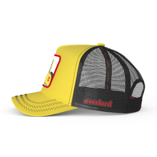 Yellow trucker cap hat featuring Bumblebee from Transformers on woven patch attached to crown
