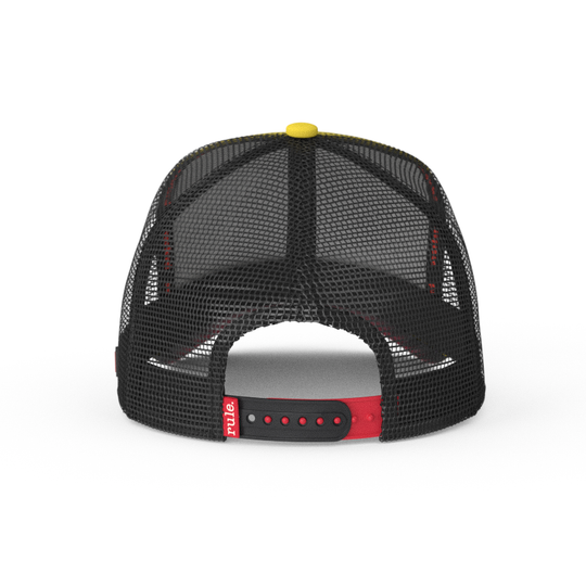 Backview of yellow trucker cap hat with black mesh and red and black strap