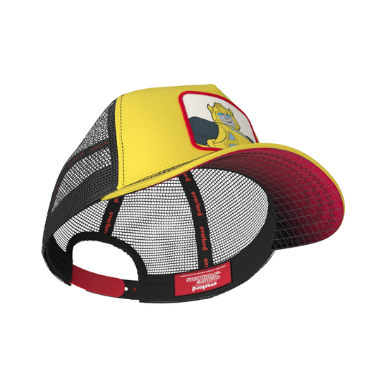 Inside view of yellow trucker cap hat featuring Bumblebee from Transformers on woven patch attached to crown