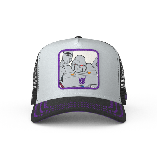 Gray and black trucker cap hat featuring Megatron from Transformers on woven patch attached to crown