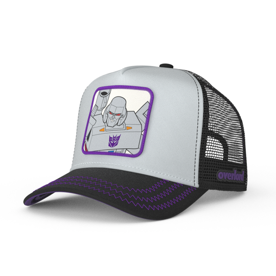 Gray and black trucker cap hat featuring Megatron from Transformers on woven patch attached to crown
