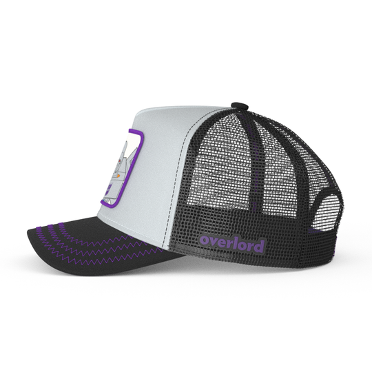 Side view of gray and black trucker cap hat featuring Megatron from Transformers on woven patch attached to crown