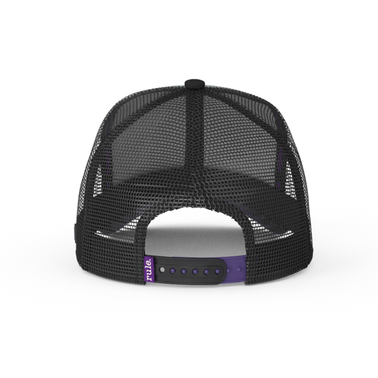 Gray and black trucker cap hat featuring black mesh and purple and black strap