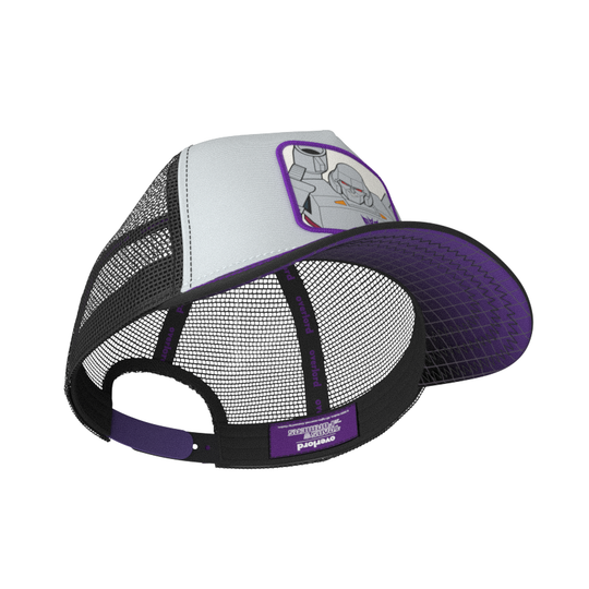 Inside view of gray and black trucker cap hat featuring Megatron from Transformers on woven patch attached to crown