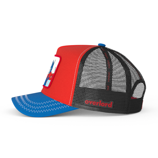 Side view of red and blue trucker cap hat featuring Optimus Prime from Transformers on woven patch attached to crown