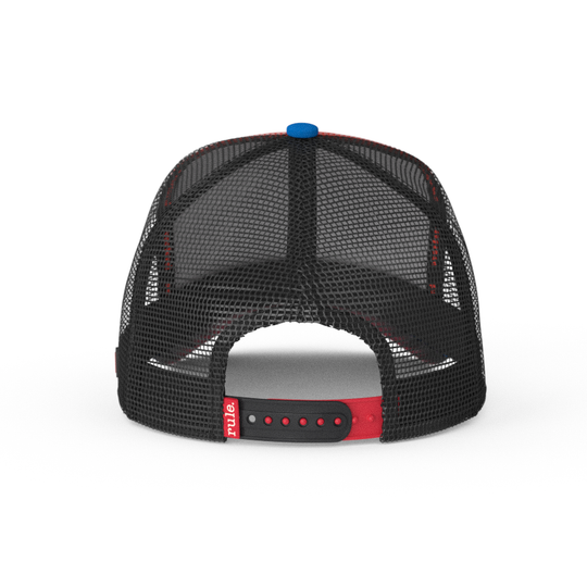 Back view of red and blue trucker cap hat featuring black mesh and black and red strap