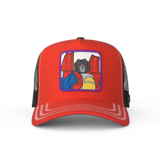 Red trucker cap hat featuring Starscream from Transformers on woven patch attached to crown