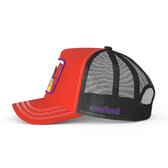 Side view of red trucker cap hat featuring Starscream from Transformers on woven patch attached to crown