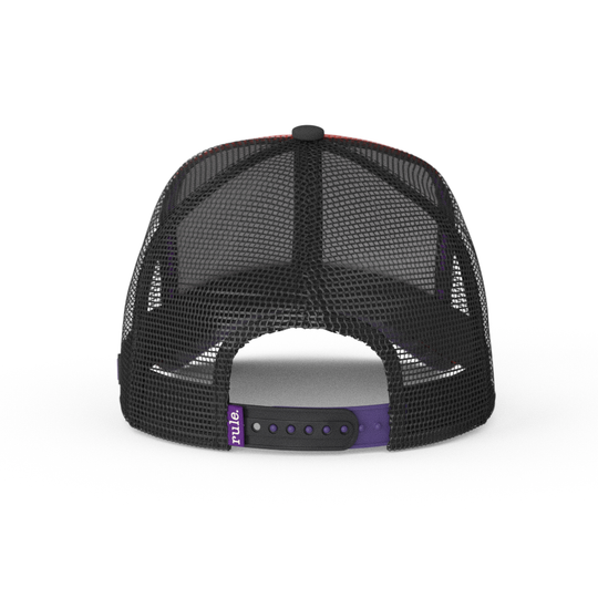 Red trucker cap hat featuring black mesh and black and purple adjustable strap
