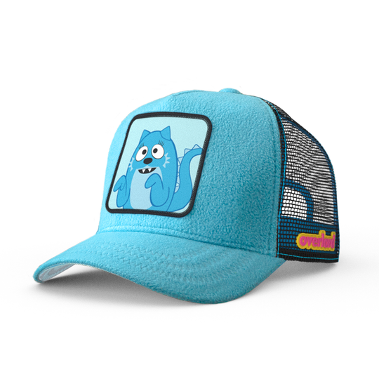 Blue fleece trucker cap hat featuring Toodee from Yo Gabba Gabba on woven patch attached to crown