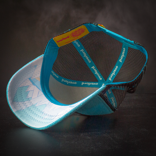 Inside view of blue fleece trucker cap hat with Toodee's world from Yo Gabba Gabba printed on the underbrim