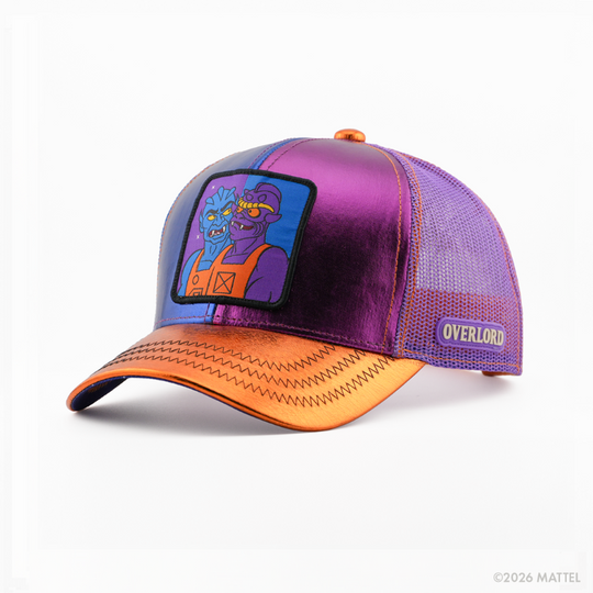 Metallic purple retro trucker cap with a black-bordered patch of Two-Bad from Masters of the Universe, gold metallic brim, purple mesh back, and Overlord logo.