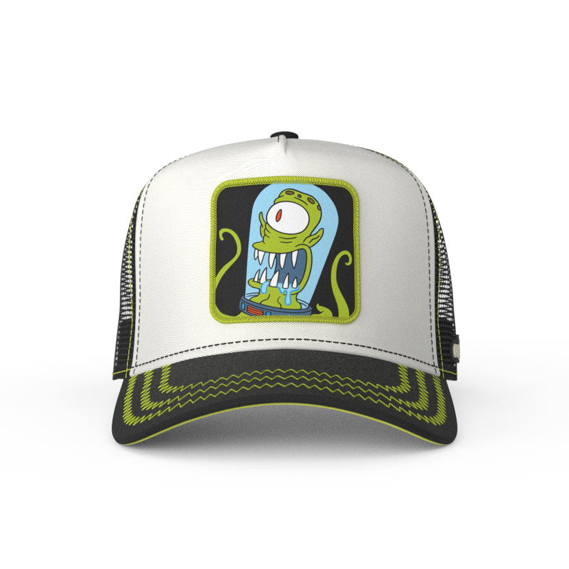 White and black OVERLORD X The Simpsons present Kang the alien trucker baseball cap hat with lime green zig zag stitching. PVC Overlord logo.