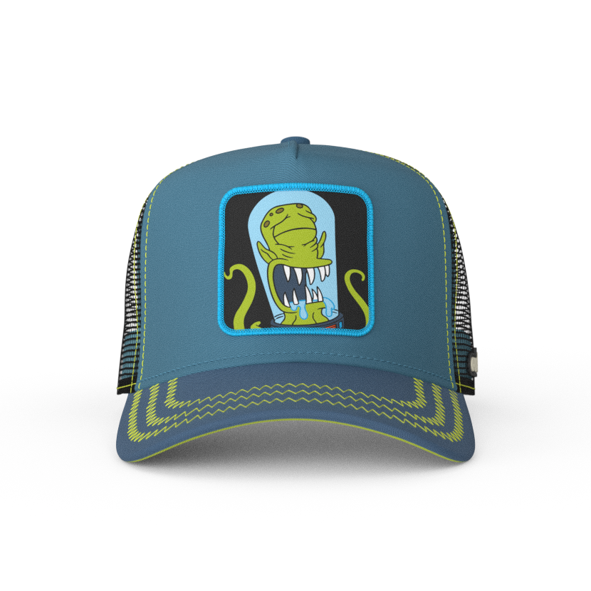 Blue OVERLORD X The Simpsons present Kodos the alien trucker baseball cap hat with lime green zig zag stitching. PVC Overlord logo.
