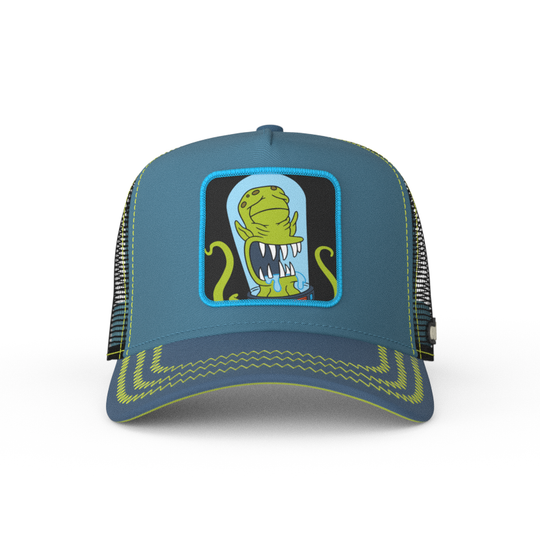 Blue OVERLORD X The Simpsons present Kodos the alien trucker baseball cap hat with lime green zig zag stitching. PVC Overlord logo.