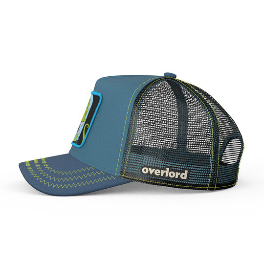 Blue OVERLORD X The Simpsons present Kodos the alien trucker baseball cap hat with black mesh. PVC Overlord logo.