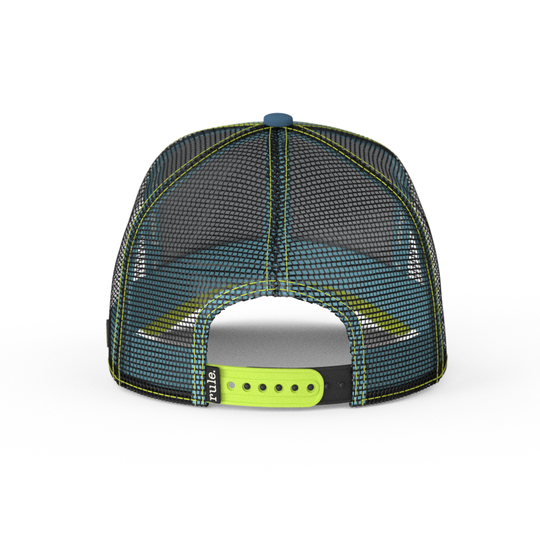 Blue OVERLORD X The Simpsons present Kodos the alien trucker baseball cap hat with green and black adjustable strap. PVC Overlord logo.