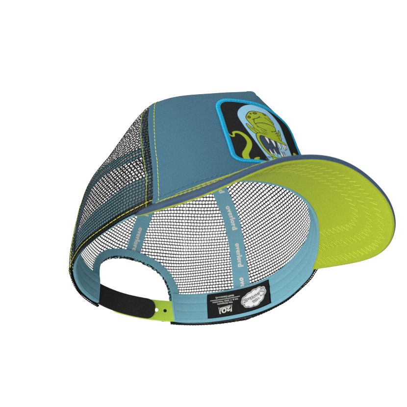 Blue OVERLORD X The Simpsons present Kodos the alien trucker baseball cap hat with light blue sweatband and lime green under brim.