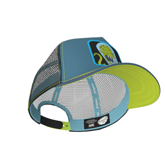 Blue OVERLORD X The Simpsons present Kodos the alien trucker baseball cap hat with light blue sweatband and lime green under brim.