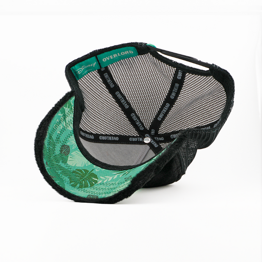 Two hats, one green with leaf pattern and one black mesh, on a white background.