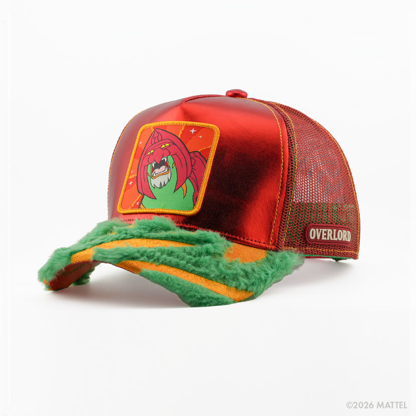 Metallic red retro trucker cap with a gold-bordered patch of Battle Cat from Masters of the Universe on an orange starry background, green fuzzy-textured brim with gold stripes, red and green mesh back, and Overlord logo.