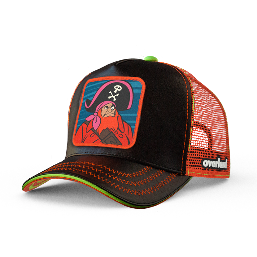 Black faux leather trucker cap with orange mesh featuring a woven patch of Red Beard villain from Scooby Doo attached to the crown.