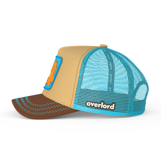 Tan and brown OVERLORD X The Simpsons Blinky the three-eyed fish trucker cap hat with aqua mesh. PVC Overlord logo.