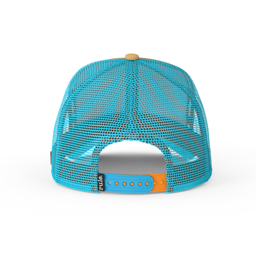 Tan and brown OVERLORD X The Simpsons Blinky the three-eyed fish trucker cap hat with aqua mesh and aqua and orange adjustable strap.