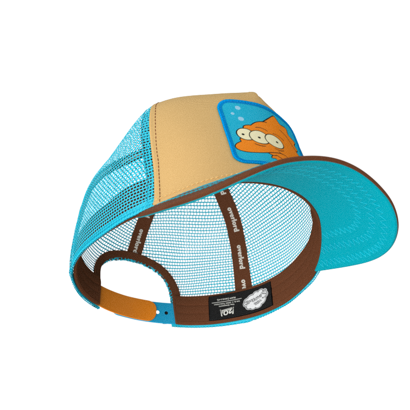 Tan and brown OVERLORD X The Simpsons Blinky the three-eyed fish trucker cap hat with brown sweatband and aqua under brim.