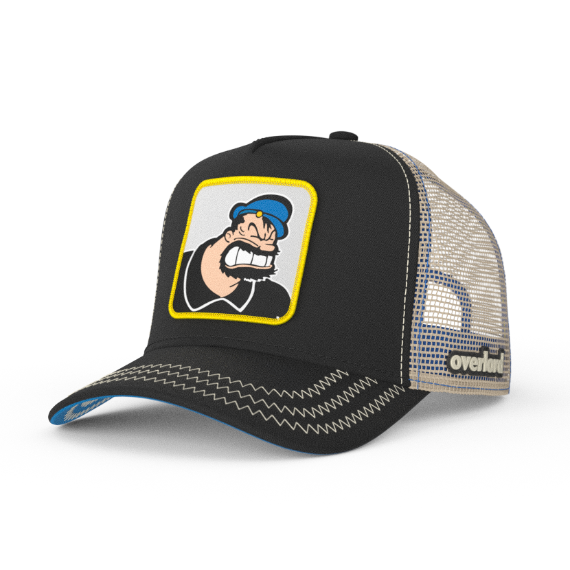 Black OVERLORD X Popeye angry Brutus Bluto trucker baseball cap hat with khaki zig zag stitching. PVC Overlord logo.