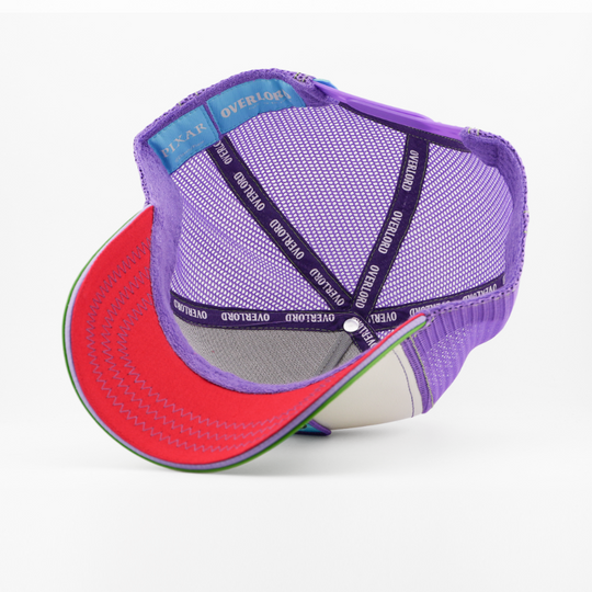 Purple and red cap with mesh design on a white background