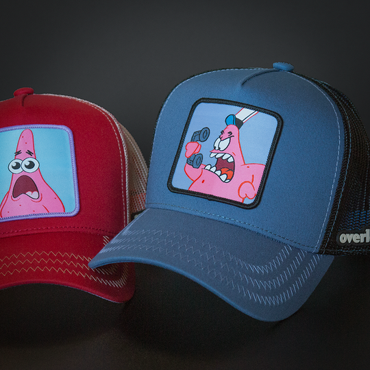 Blue OVERLORD X SpongeBob Patrick yelling at phone trucker baseball cap hat with light blue zig zag stitching. PVC Overlord logo.
