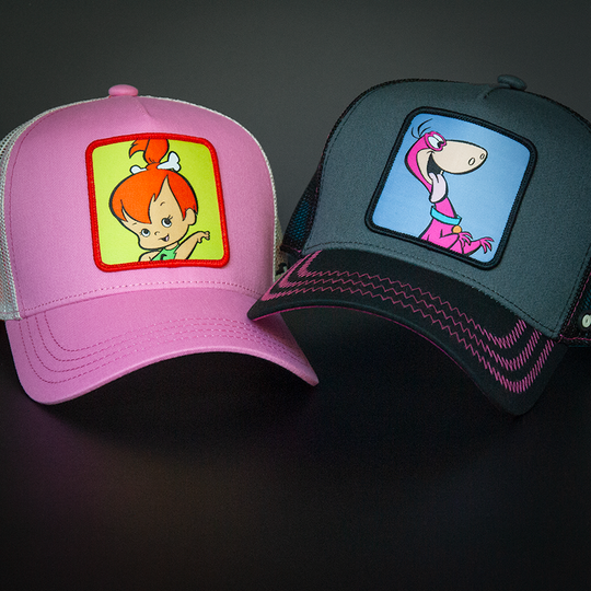 Steel Blue and black OVERLORD X Flintstones Dino trucker baseball cap with hot pink zig zag stitching. PVC Overlord logo.