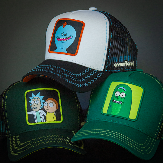 White and black OVERLORD X Rick & Morty smiling Meeseeks trucker baseball cap hat with blue zig zag stitching. PVC Overlord logo.