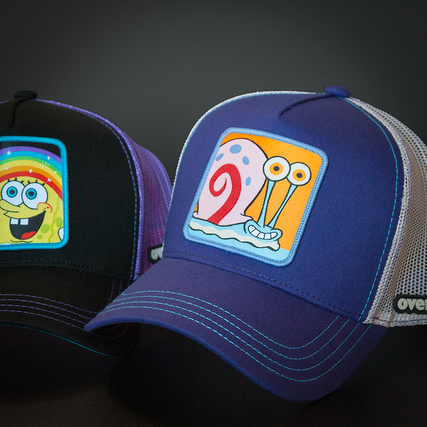 Deep Purple OVERLORD X SpongeBob Gary the snail trucker baseball cap hat with blue stitching. PVC Overlord logo.