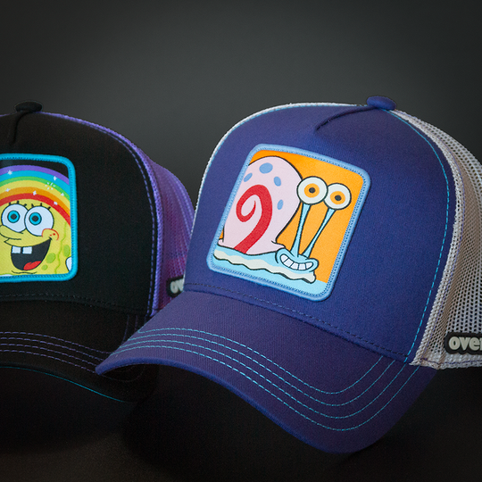 Deep Purple OVERLORD X SpongeBob Gary the snail trucker baseball cap hat with blue stitching. PVC Overlord logo.