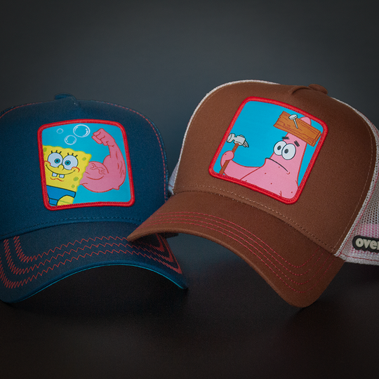 Navy OVERLORD X SpongeBob MuscleBob trucker baseball cap hat with red zig zag stitching. PVC Overlord logo.
