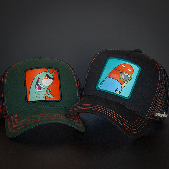 Black OVERLORD X SpongeBob Load of Barnacles fish trucker baseball cap hat with red orange stitching. PVC Overlord logo.