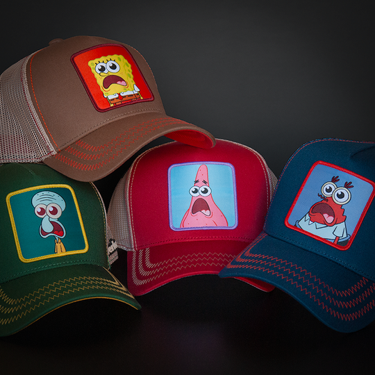 Navy OVERLORD X SpongeBob Krusty Krab surprised face trucker baseball cap with red zig zag stitching. PVC Overlord logo.