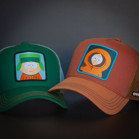 Red Brown and rust OVERLORD X South Park Kenny waving trucker baseball cap hat with rust mesh and orange adjustable strap.