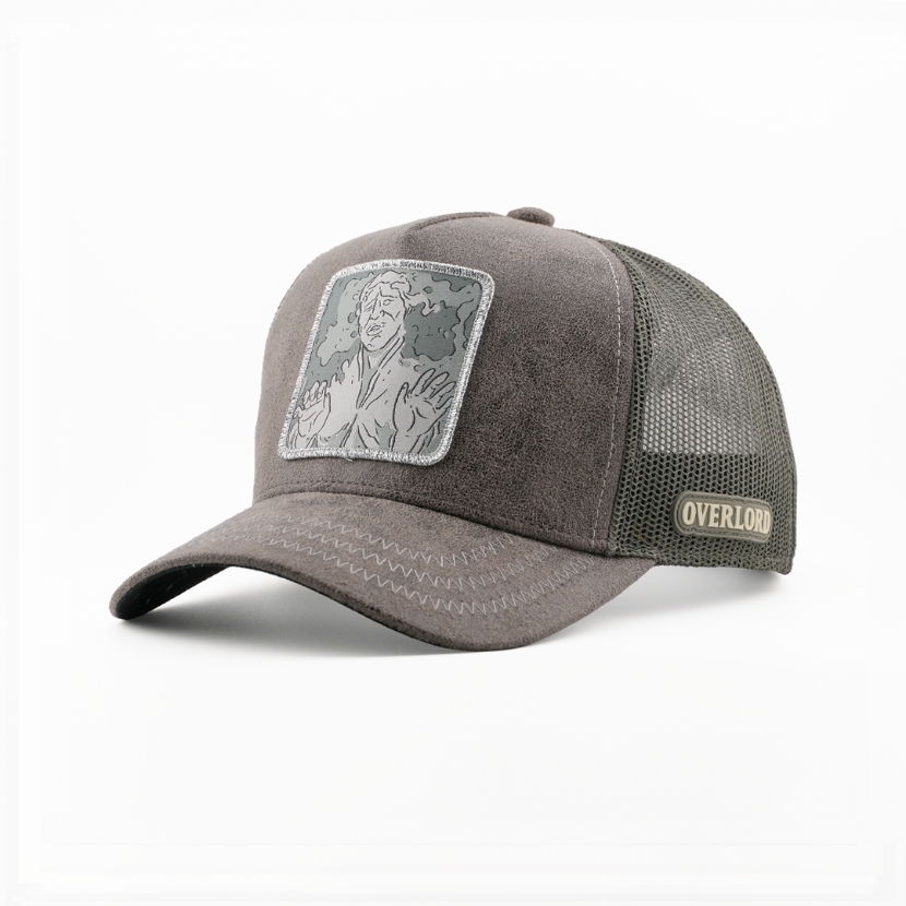 Gray suede-texture trucker cap with a Han Solo in Carbonite from Star Wars patch, gray mesh sides, and Overlord logo.