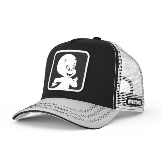 Trucker cap with Casper the Friendly Ghost patch, black crown and grey brim.