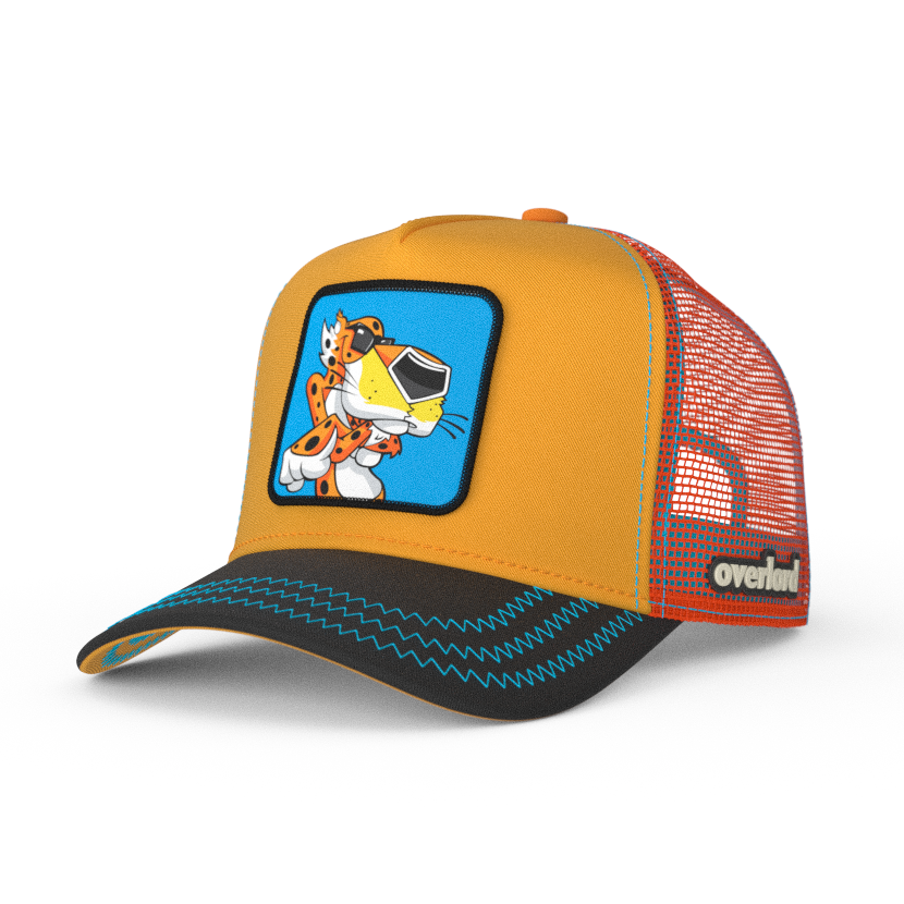Orange and black OVERLORD x Cheetos Chester Cheetah trucker baseball cap hat with turquoise zig zag stitching. PVC Overlord logo.