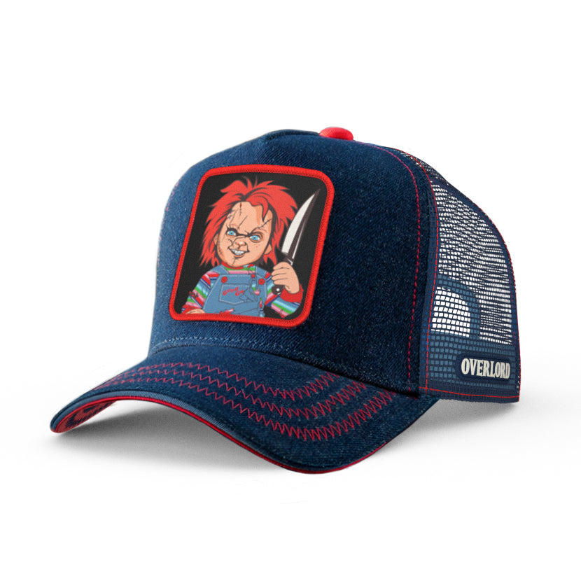Trucker cap with Chucky patch, navy blue jean colored crown and navy blue jean colored brim.
