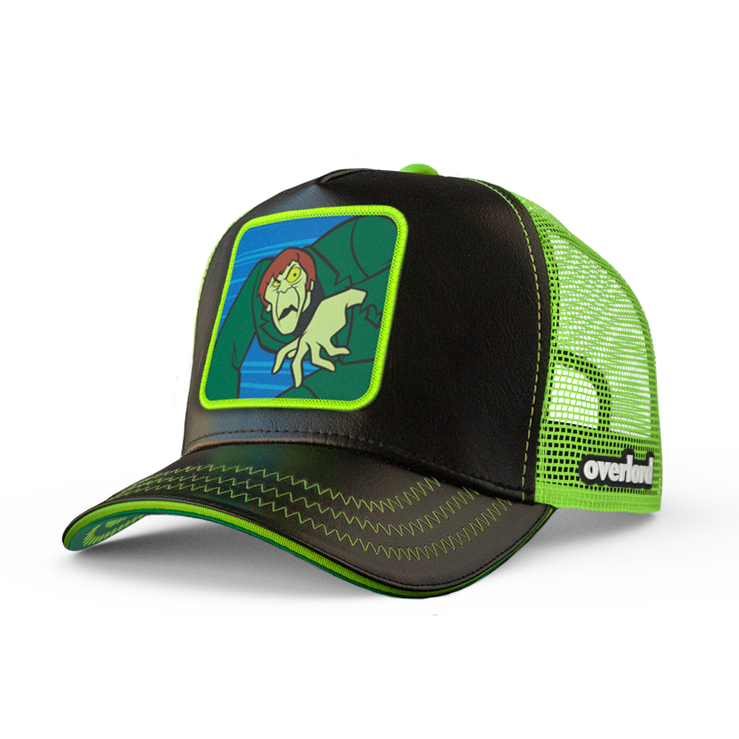 Black faux leather trucker cap with green mesh featuring a woven patch of the Creeper villain from Scooby Doo attached to the crown.